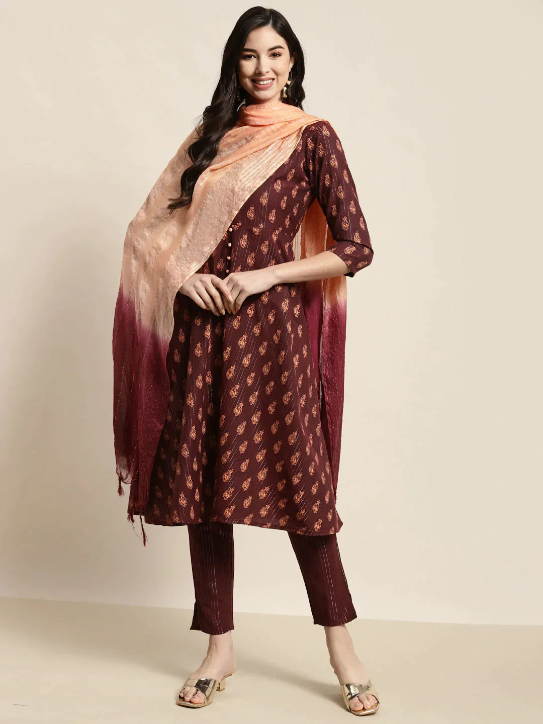 Printed Kurta With Trousers & With Dupatta Maroon - Rasiya Trousers Versatile Stylish