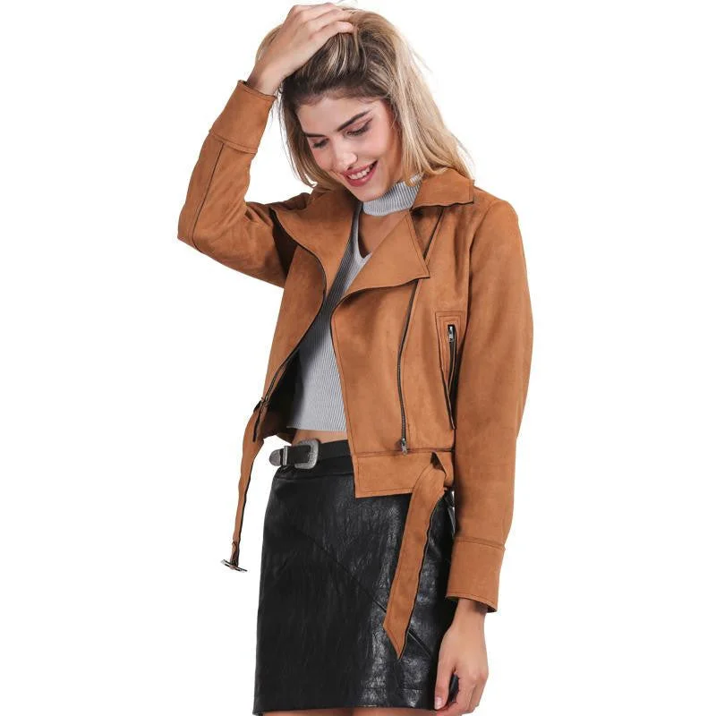 Simplee Apparel Zipper basic suede jacket coat motorcycle leather jacket Women outwear Pink belted short winter jackets Herringbone Jacket Checkered Jacket Solid Jacket