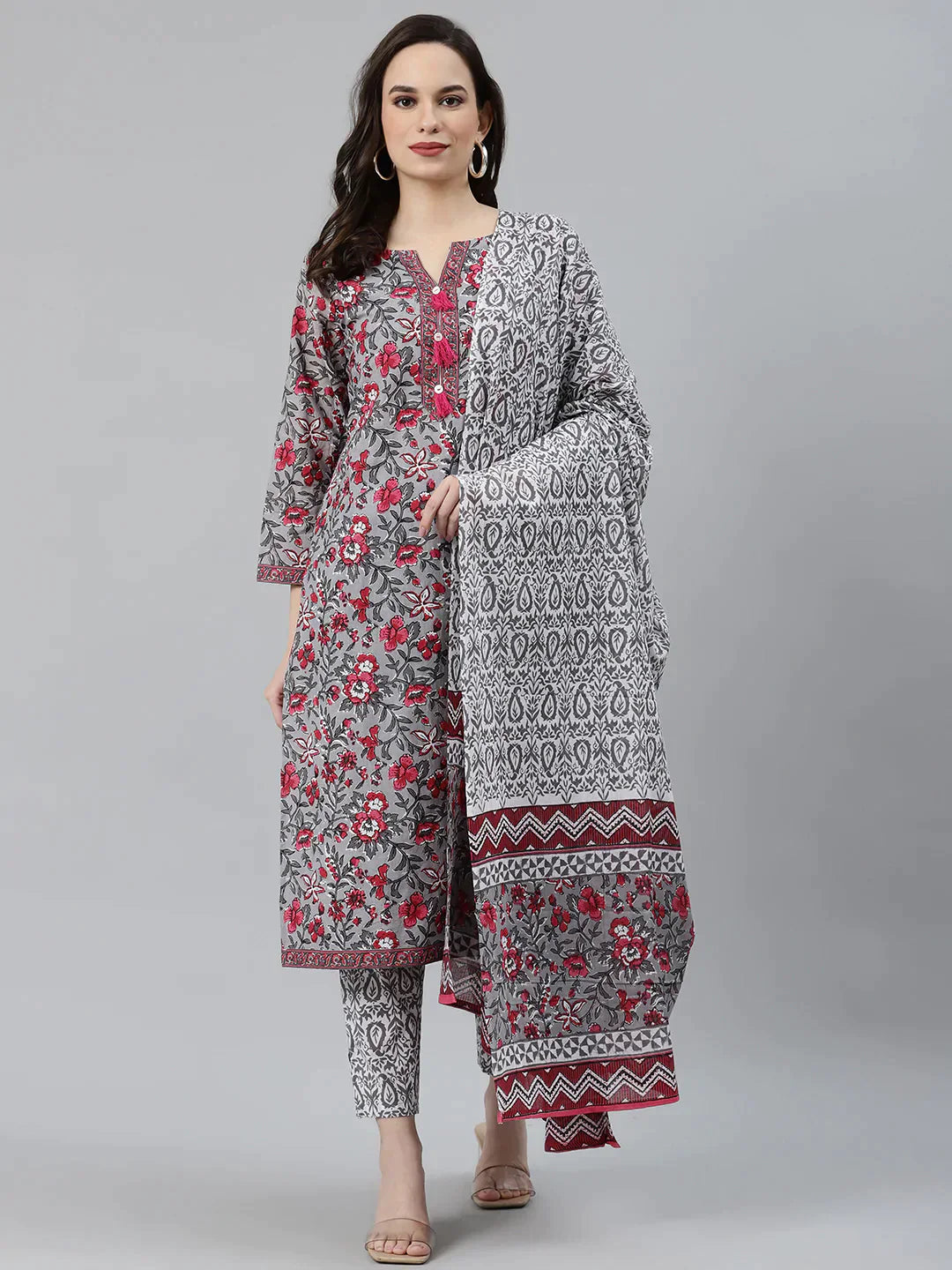 Women Grey & Magenta Block Print Pure Cotton Kurta With Trousers & Dupatta - Rasiya Trousers Modern Contemporary