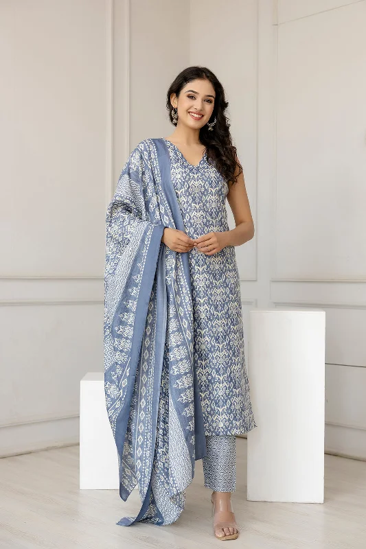 Women Grey Color Printed Straight Kurta With Trouser - Rasiya Trousers Plaid Checkered