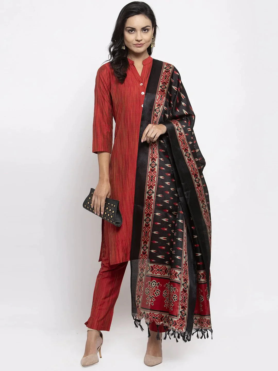 Women Red Self-Striped Kurta With Trousers & Art Silk Printed Dupatta - Rasiya Trousers sophisticated sleek