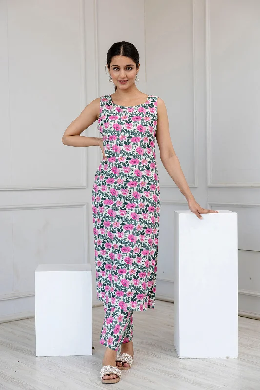 Women Off White and Pink Printed Straight Kurta With Trouser - Rasiya Trousers Floral Bohemian