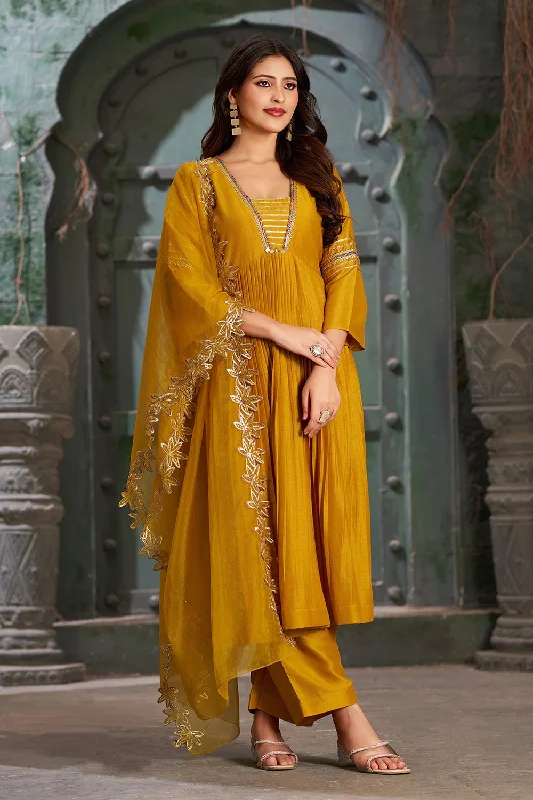 Women's Mustard Art Silk Alia Cut Anarkali Kurta Set With Trouser And Dupatta - Curvy Lane Trousers Leisure Comfortable