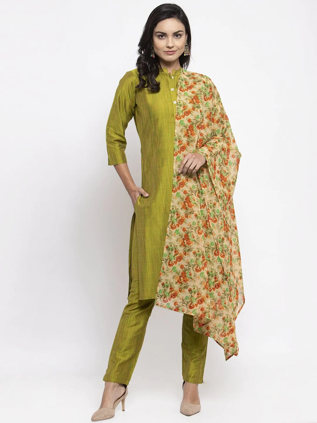 Women Green Self-Striped Kurta With Trousers & Floral Georgette Dupatta - Rasiya Trousers versatile functional