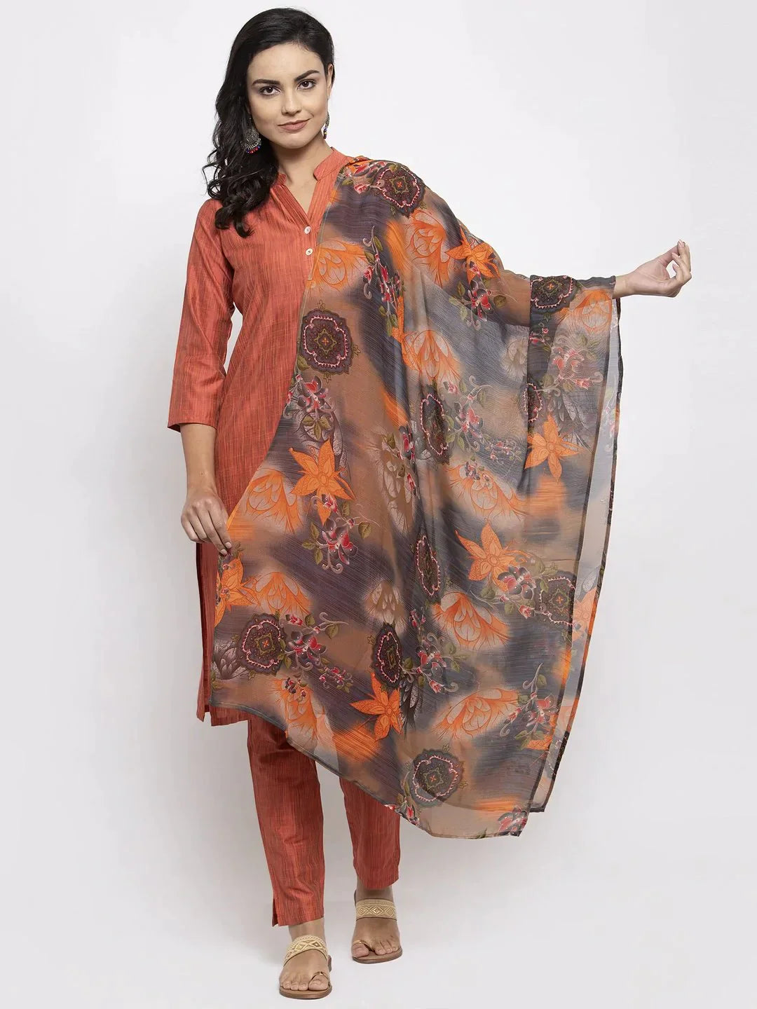 Women Orange Self-Striped Kurta With Trousers & Georgette Dupatta - Rasiya Trousers Timeless Classic