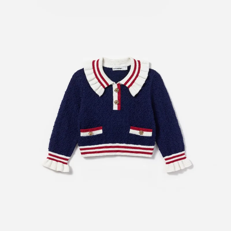 Girls Textured Knit Cardigan in Navy Lace Blend Ribbed Blend Corduroy Blend