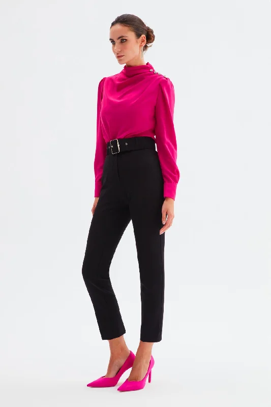 High Waist Belted Trousers - Black Trousers Vintage Classic