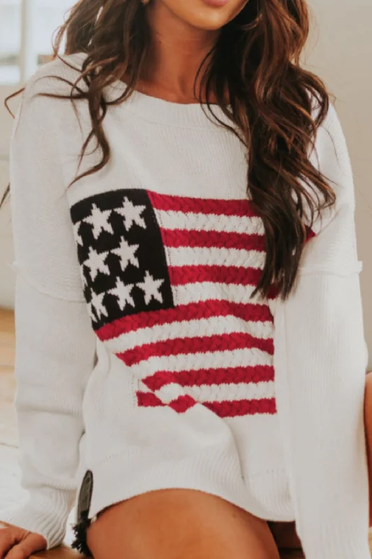 Hazel Blues® |  US Flag Side Slit Drop Shoulder Sweater Lace Blend Ribbed Blend Corduroy Blend