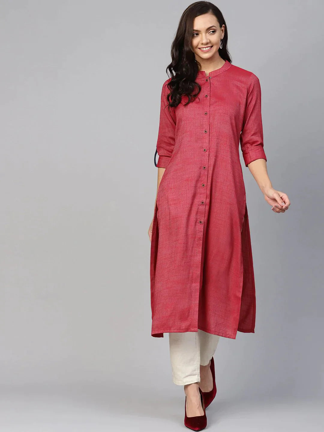 Women Maroon Woven Design Straight Rayon Kurta With Trousers - Rasiya Trousers Bootcut Casual