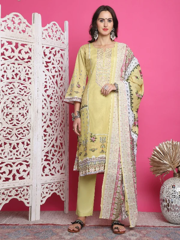 Jyoti Fashion Women's Lemon Yellow Cotton Floral Digital Print with Resham Thread Work Kurta with Trouser & Dupatta Trousers Office Stylish