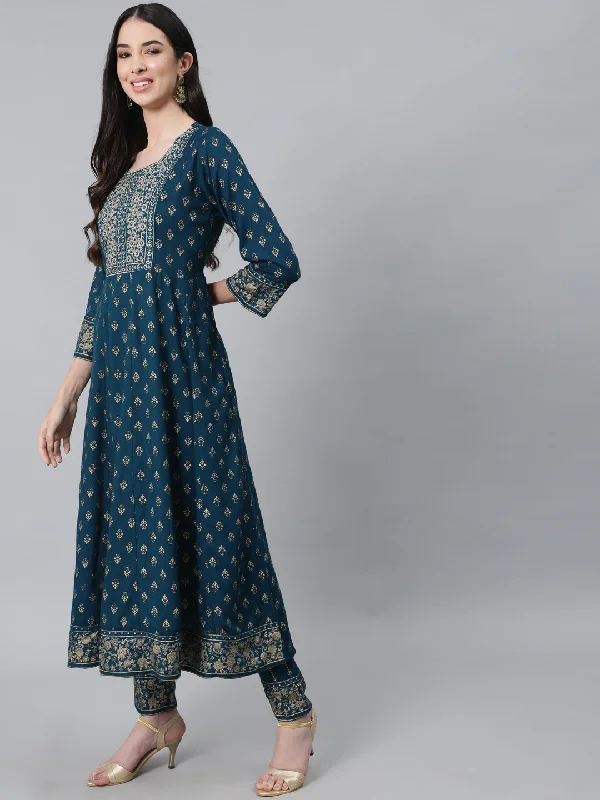 Women's Navy Blue Ethnic Motifs Embroidered Thread Work Kurta with Trousers  With Dupatta - Anubhutee USA Trousers Gym Athletic