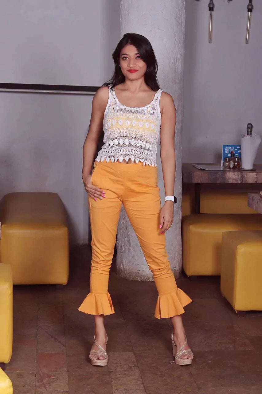 Women Mustard Smart Fit Solid Bottom Flared Trousers - Rasiya Cropped Trousers Casual Linen