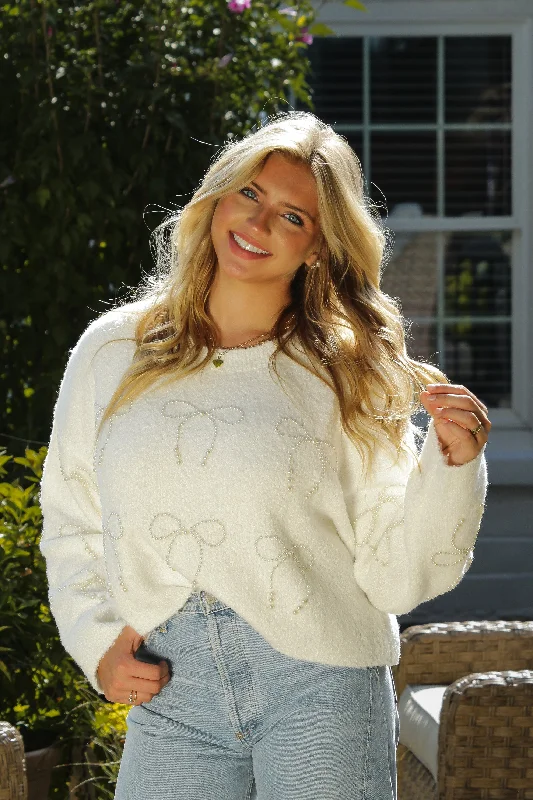 White Pearl Bow Cropped Sweater Spandex Blend Rayon Blend Denim Blend