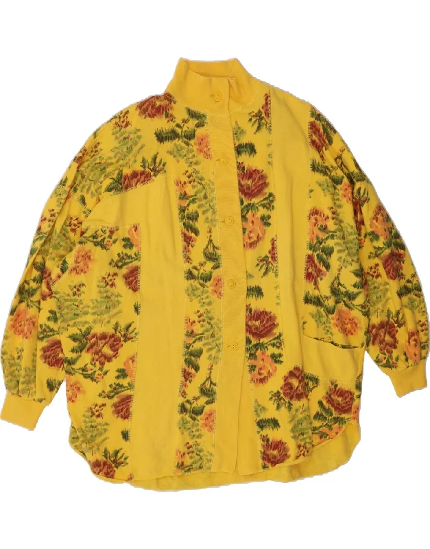 VINTAGE Womens Longline Cardigan Sweater UK 20 2XL Yellow Floral Fleece Fabric Down Fabric Feather Fabric