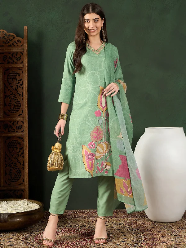 Women's Green Silk Blend Floral Printed Straight Kurta Trouser With Dupatta - Ahika Trousers High Rise Slim Fit