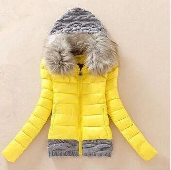 Women Winter Coat Cotton Padded Jacket Short Knitted Hood Fur Collar Womens Winter Jackets and Coats Denim Jacket Leather Jacket Suede Jacket