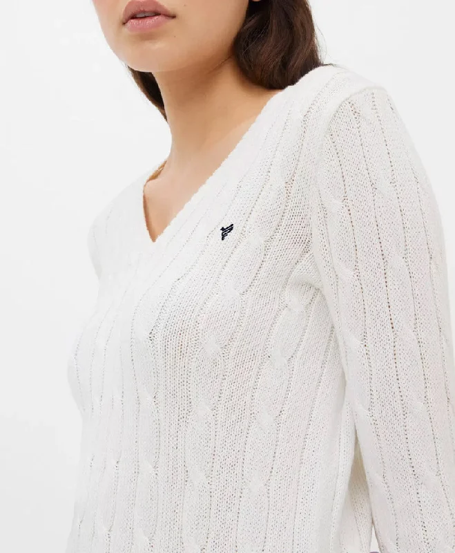 White V-Neck Cable Knit Sweater (Women) Open Front Closed Front Wrap Front