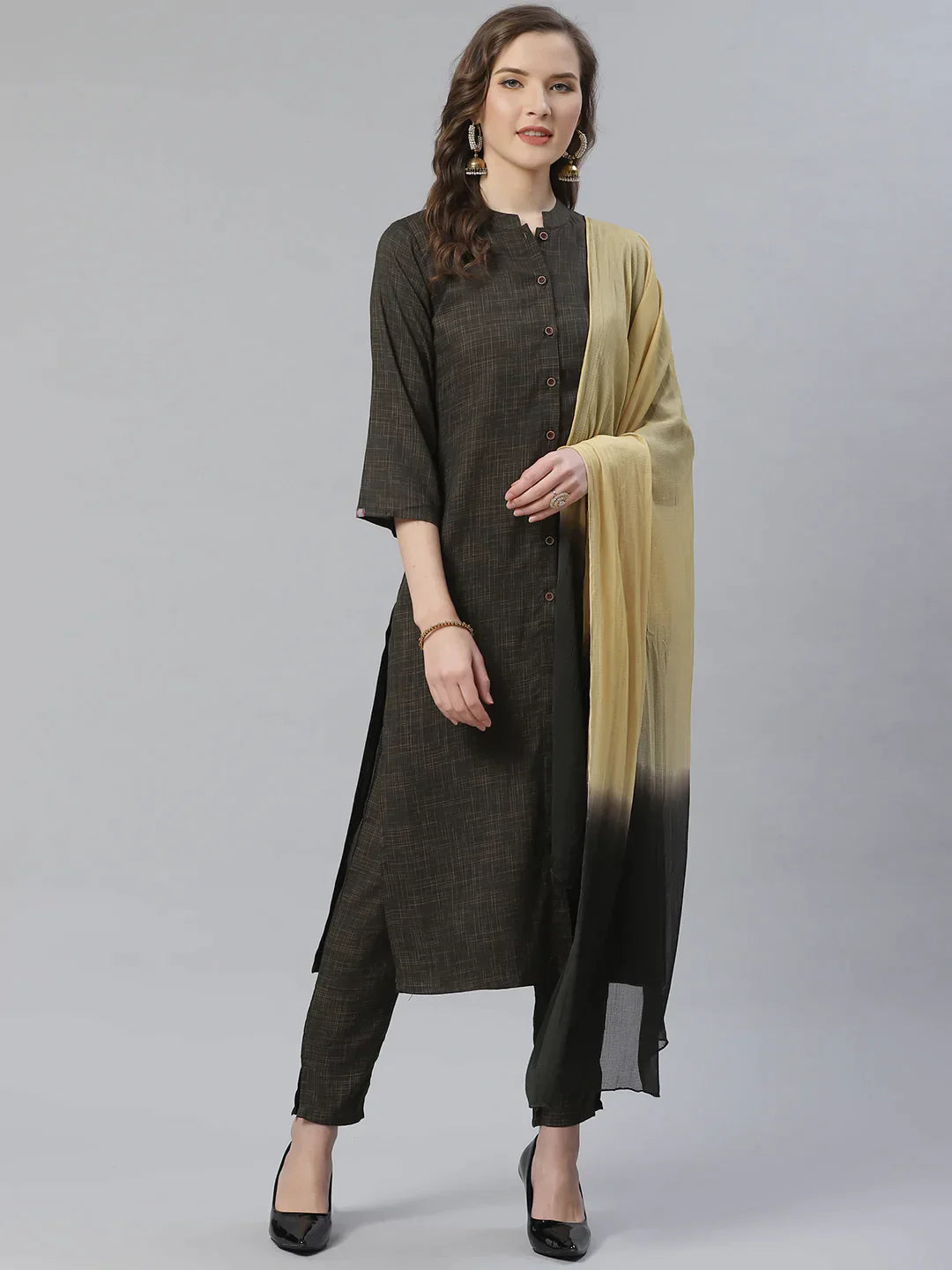 Women Charcoal Grey & Beige Self Checked Kurta With Trousers & Dupatta - Rasiya Trousers Formal Black