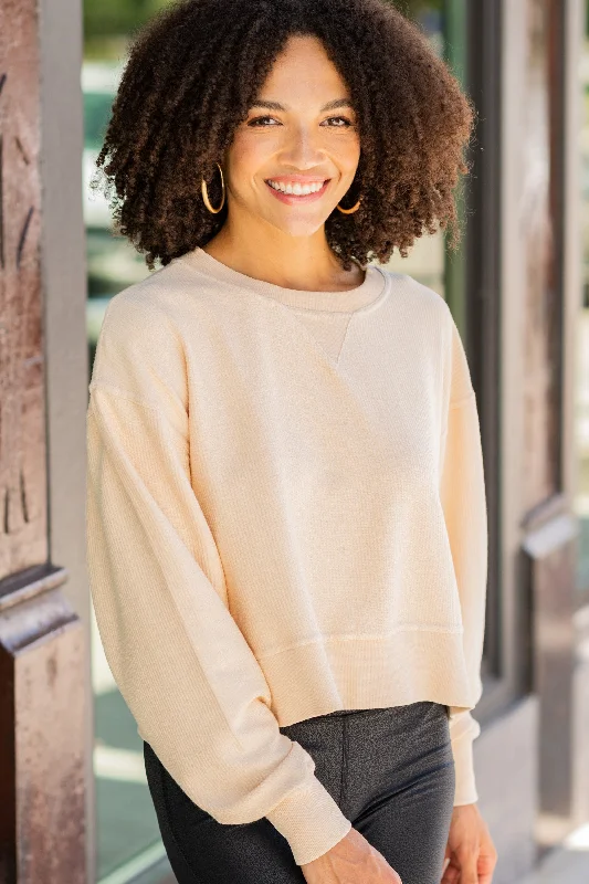 You're So Classic Natural Cropped Corded Pullover Cowl Neck Pullover