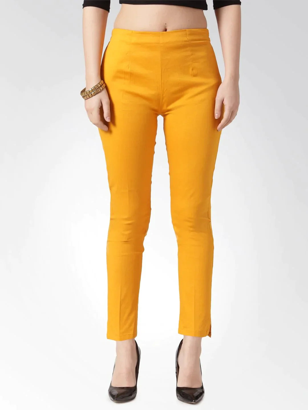 Women Mustard Smart Slim Fit Solid Regular Trousers - Rasiya Trousers Cargo pockets