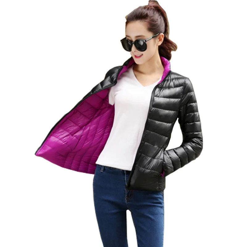 Stand Collar Slim Short White Duck Women Ultra Light Down Jacket Casual Padded Coat Lace Jacket Ribbed Jacket Sequined Jacket