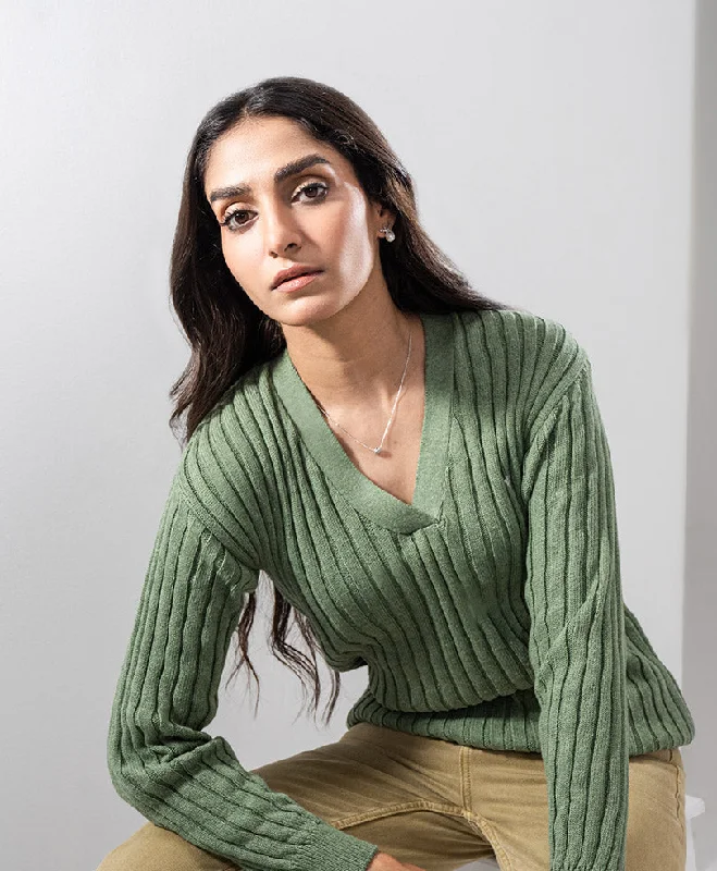 Olive V-Neck Sweater (Women) Turtle Neck Boat Neck Asymmetrical Neck