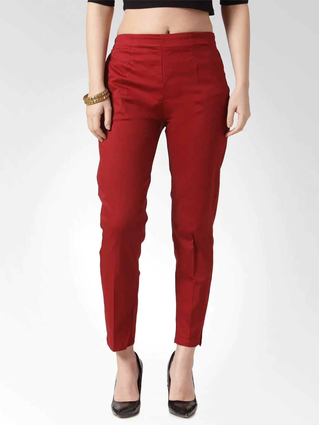 Women Maroon Smart Slim Fit Solid Regular Trousers - Rasiya Trousers Low Rise Relaxed