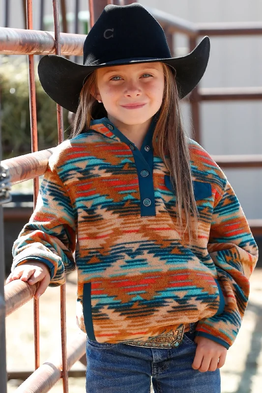 GIRL'S SOUTHWESTERN PRINT POLAR FLEECE PULLOVER - KHAKI Besom Neck Pullover