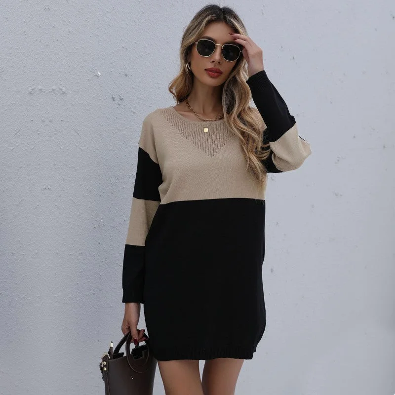 Pullover Round Neck Loose Knitted Stitching Contrast Color Woolen Skirt Jewel Neck Pullover