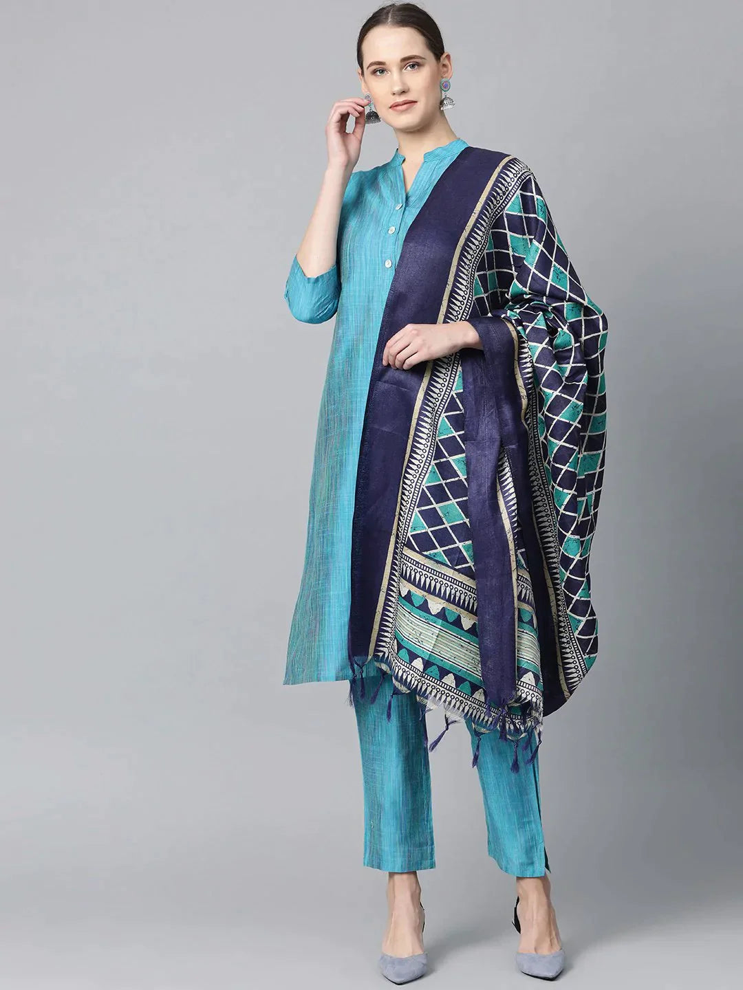 Women Blue & Green Self-Striped Kurta With Trousers & Dupatta - Rasiya Trousers fashionable trendy