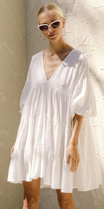 Vireous Holiday Style Puffy Sleeve Floaty Pullover Dress, Spring and Summer Collection Three Quarter Sleeve