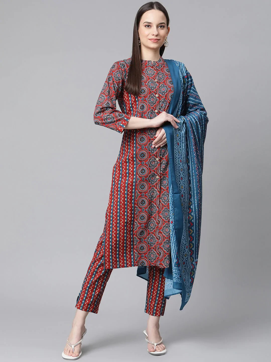 Women Maroon & Blue Printed Regular Pure Cotton Kurta With Trousers & With Dupatta - Rasiya Trousers Brand Named