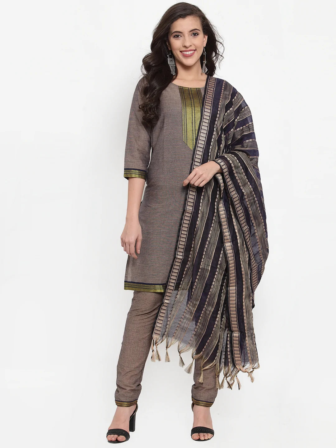 Women Grey Solid Kurta With Trousers & Dupatta - Rasiya Trousers Prom Sequined