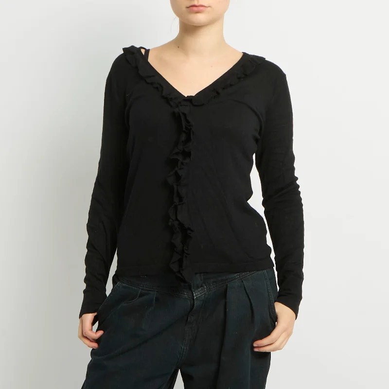 Ruffle Detail Knitted Cardigan - UK 10 Transparent Opaque Sheer