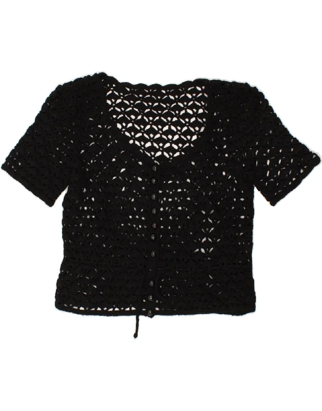 VINTAGE Womens Crochet Cardigan Top UK 12 Medium Black Cashmere Blend Cotton Blend Poly Blend