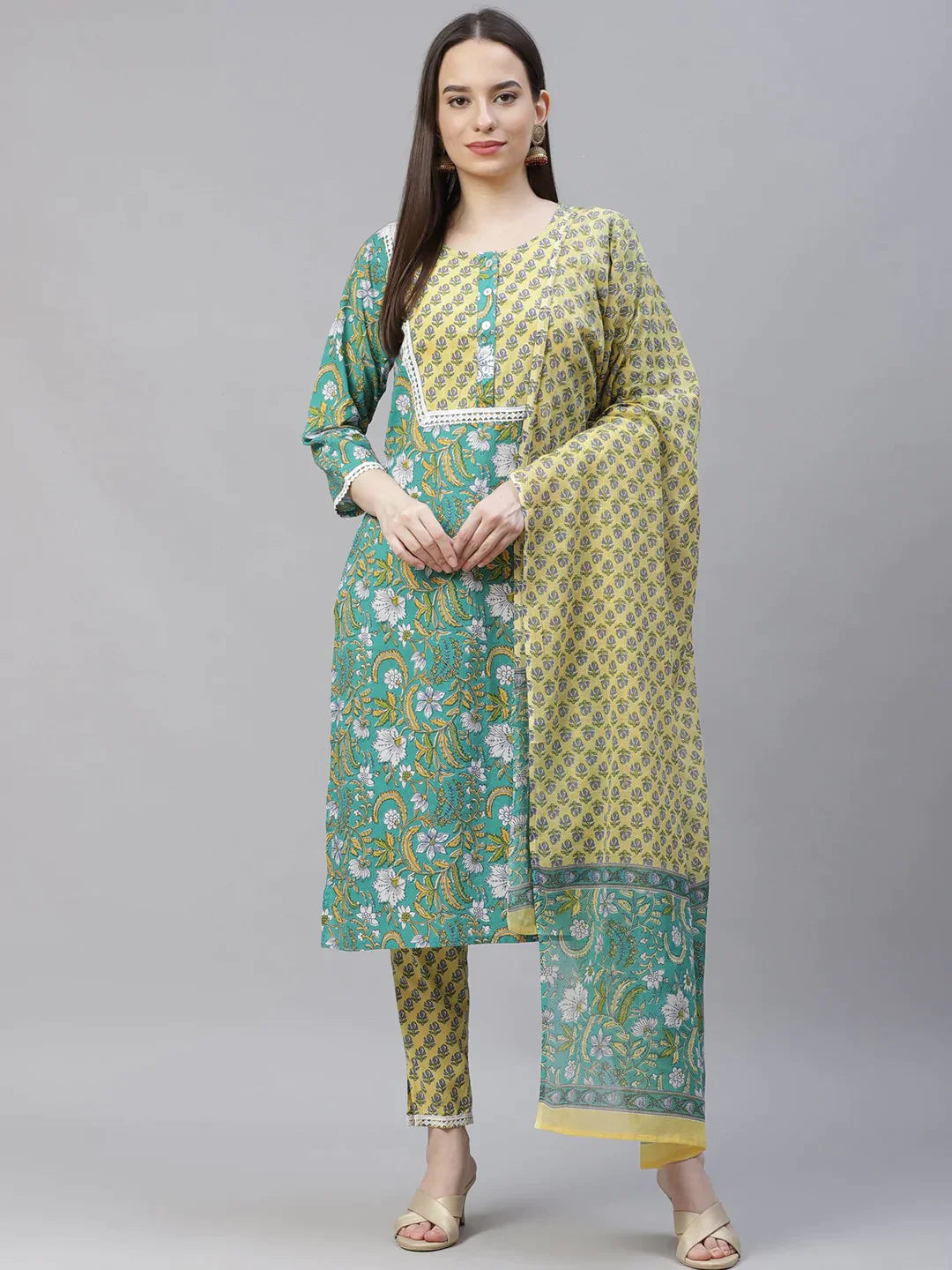 Women Green Ethnic Motifs Printed Pure Cotton Kurta With Trousers & Dupatta - Rasiya Trousers Bridal Satin