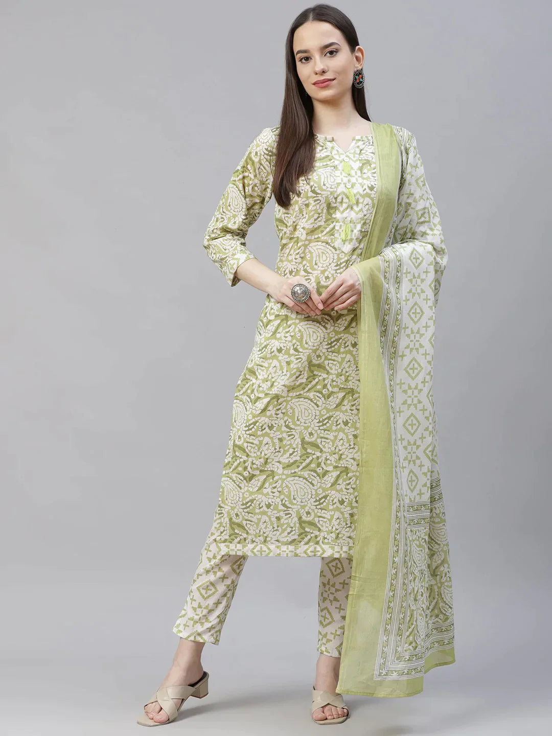 Women Green Ethnic Motifs Printed Pure Cotton Kurta With Trousers & Dupatta Green - Rasiya Trousers Ceremony Elegant