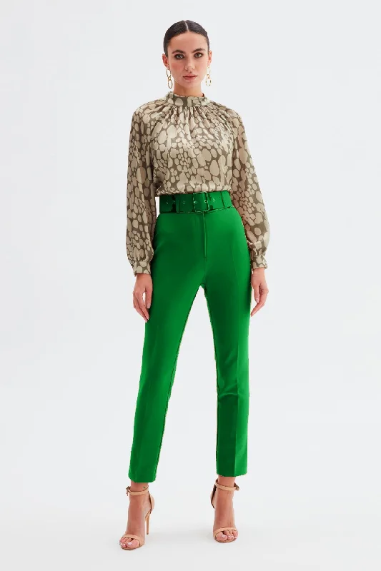 High Waist Belted Trousers - Green Trousers Fall Fleece