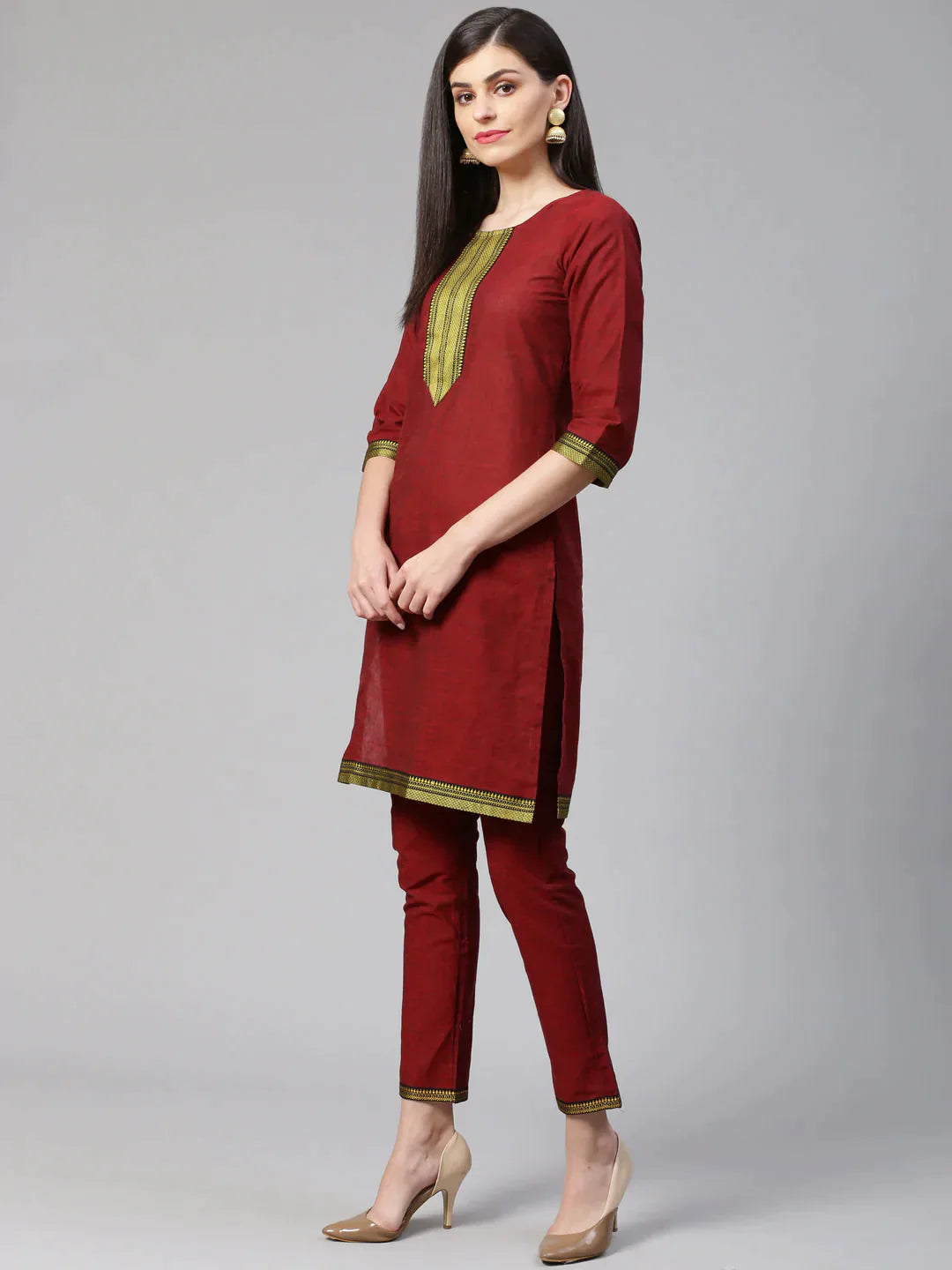 Women Maroon Yoke Design Kurta With Trousers - Rasiya Trousers Lace Delicate