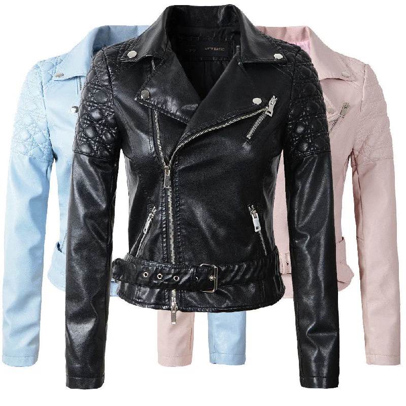 Fashion Women Faux Leather Jacket Ladies Motorcycle PU Blue Pink Black Long Sleeve Coat with Belt Boat Neck Shawl Collar Notched Collar