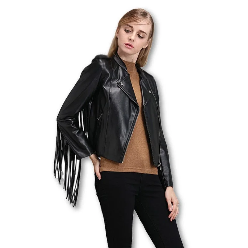 autumn winter fringed faux PU leather tassels sleeve back zippers women Motorcycle Jacket coat black Rayon Jacket Velvet Jacket Corduroy Jacket