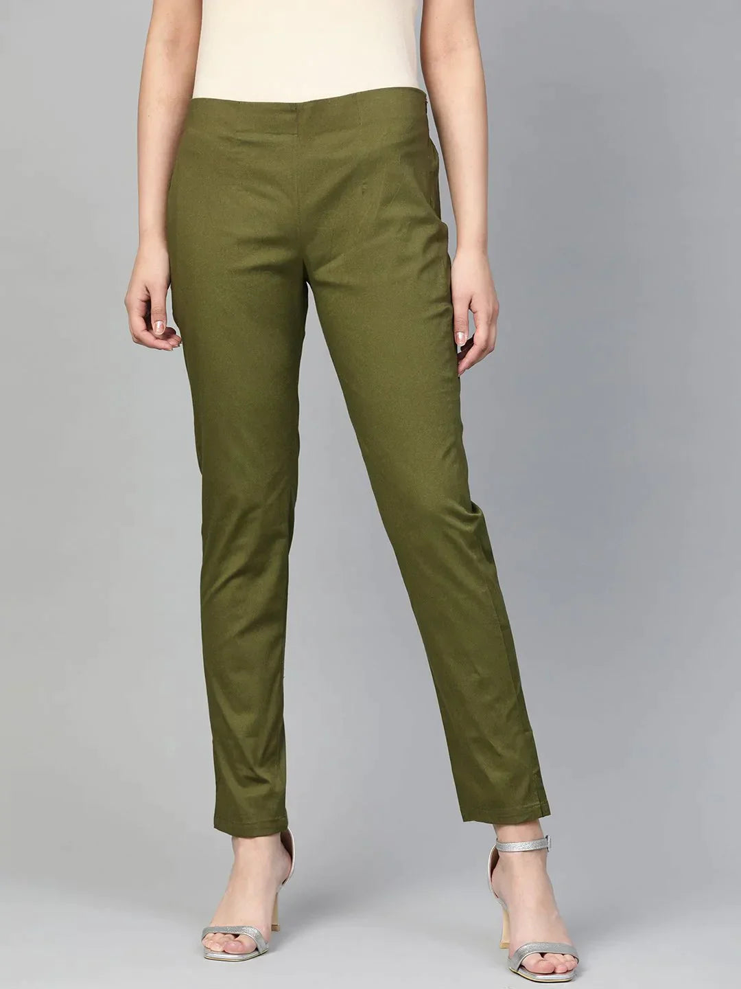 Women Olive Green Smart Slim Fit Solid Regular Trousers - Rasiya Trousers Capri Summer