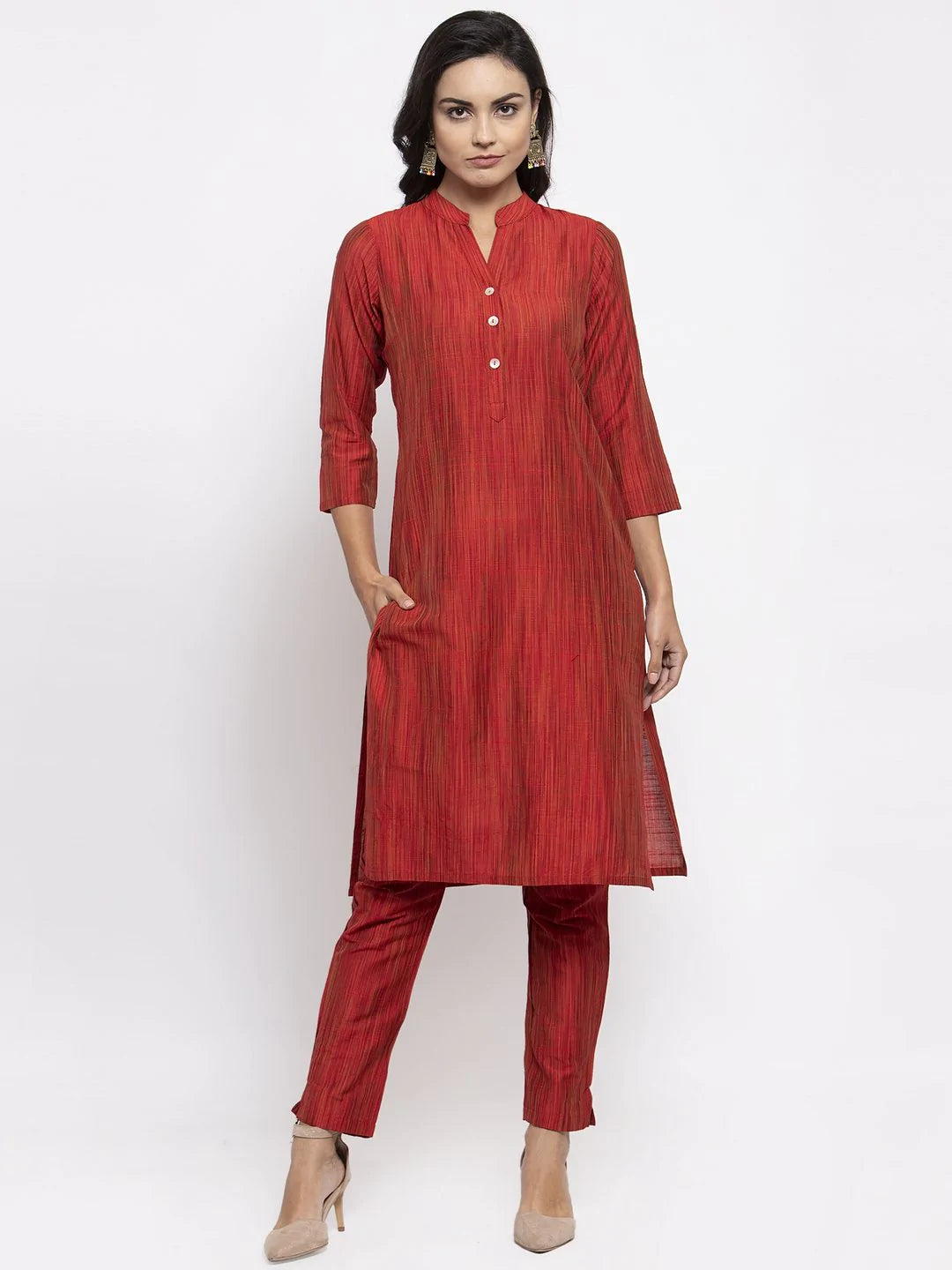 Women Red Self-Striped Kurta With Trousers - Rasiya High Waist Slim Fit Ankle Length