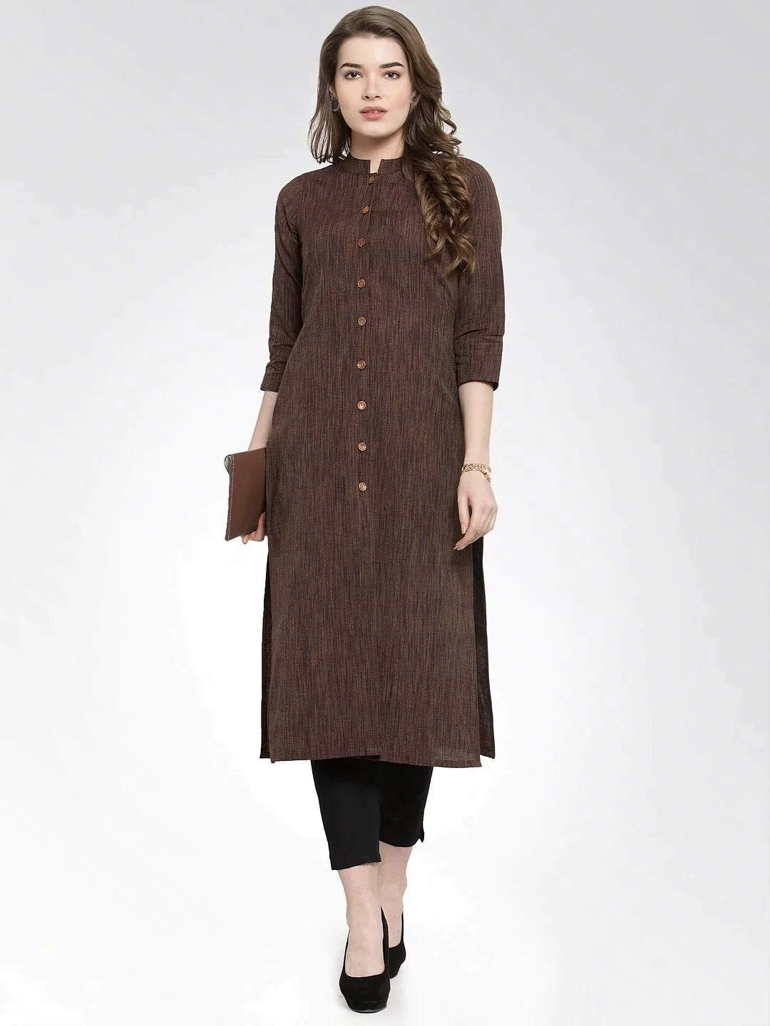 Women Brown Self Design Straight Kurta With Trousers - Rasiya Trousers Solid Black