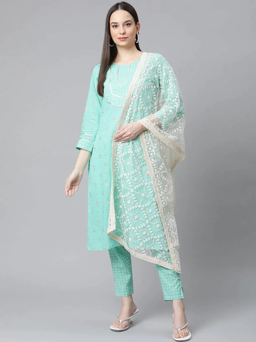 Women Green Floral Printed Regular Pure Cotton Kurta With Trousers & With Dupatta Green - Rasiya Trousers Vintage Classic