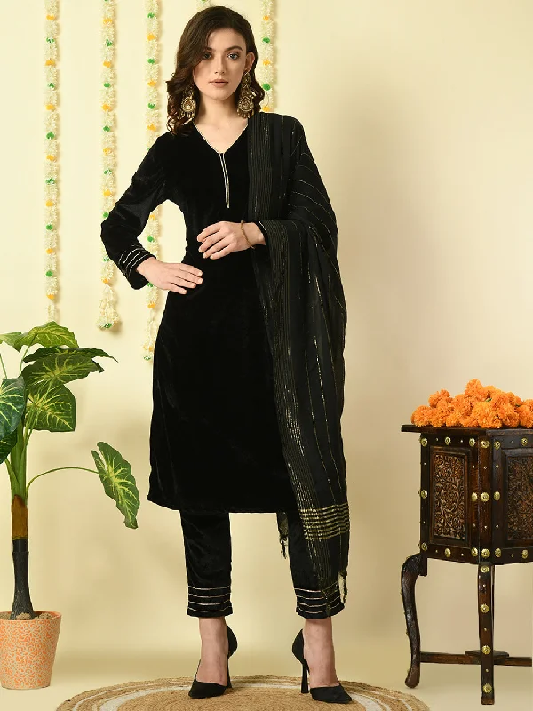 Women's Black  Velvet Kurta & Trousers With Dupatta Party Sets - Myshka Trousers Leather Faux