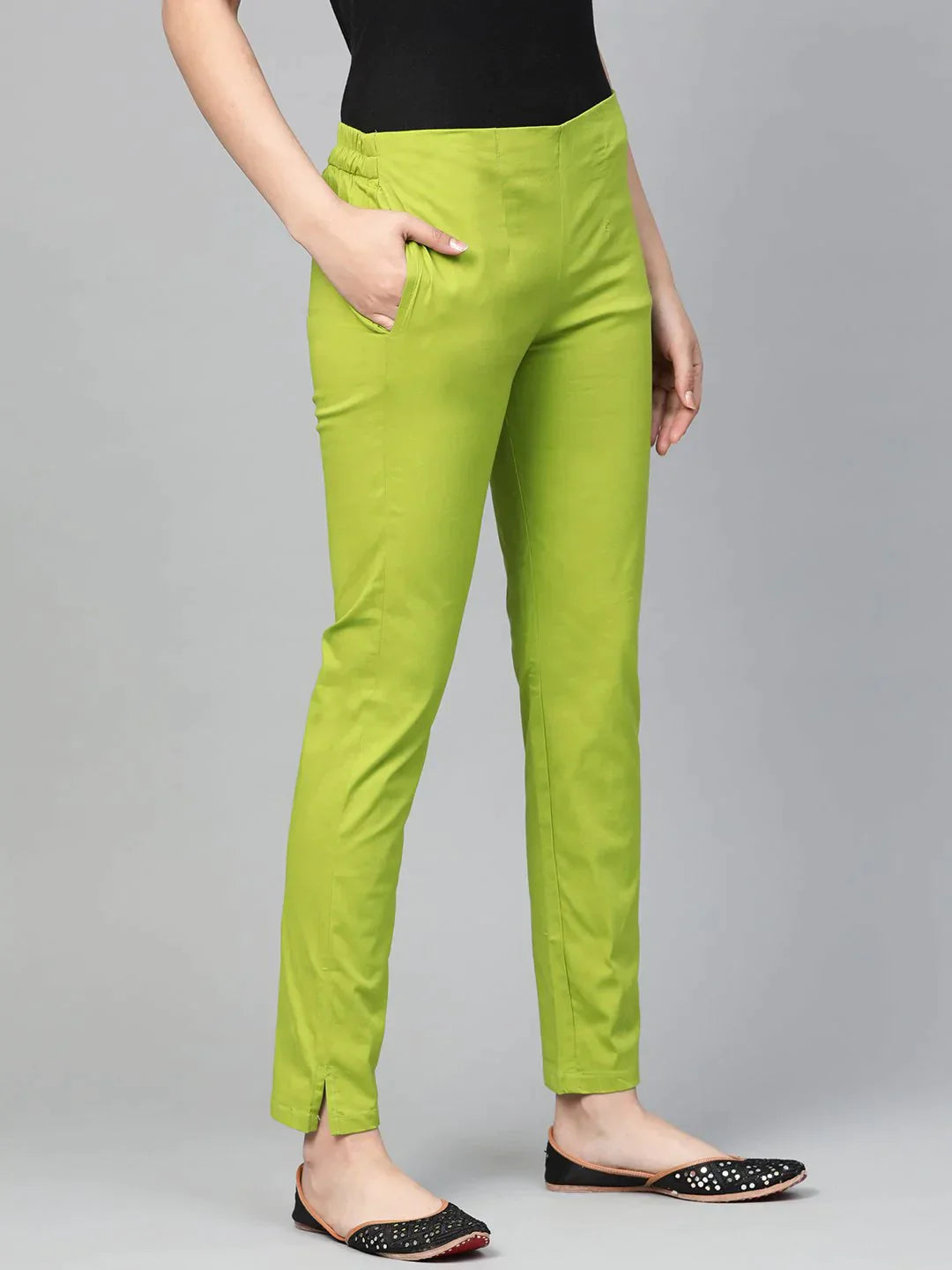 Women Green Smart Slim Fit Solid Regular Trousers - Rasiya Trousers Culottes Wide Leg