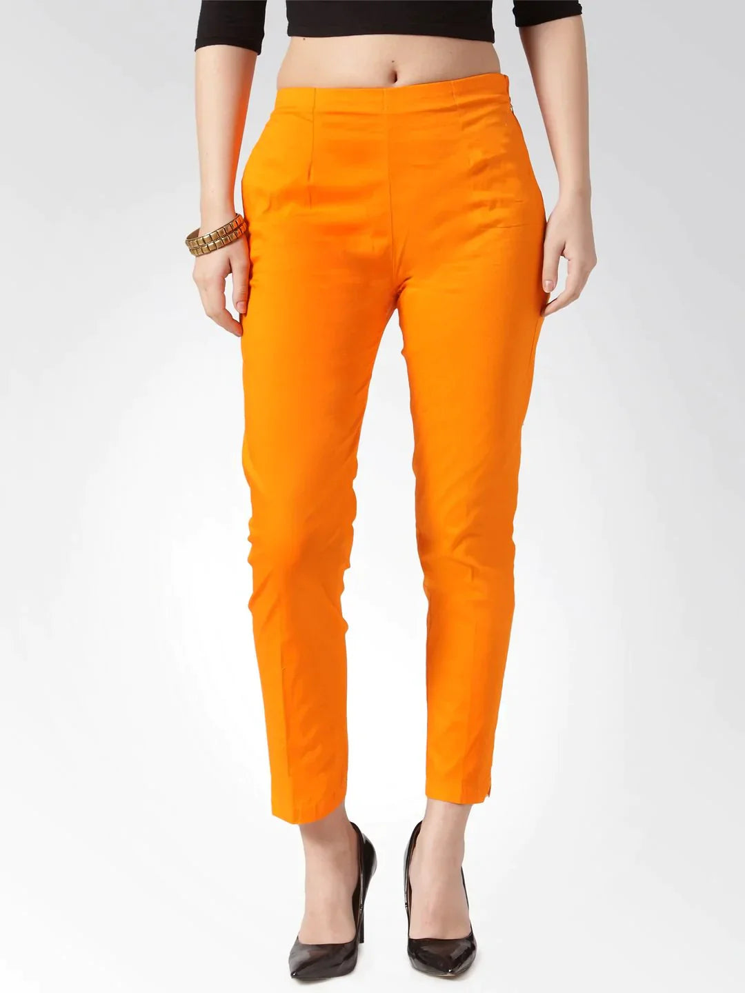 Women Orange Smart Slim Fit Solid Regular Trousers - Rasiya Trousers Striped Patterned