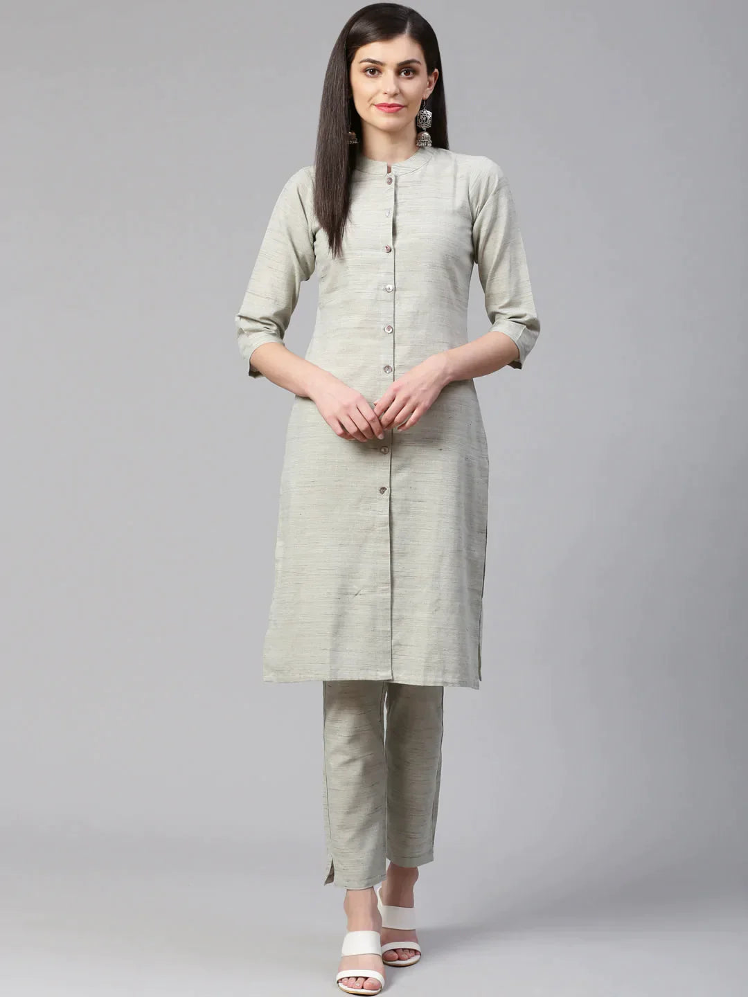 Women Grey Woven Design Kurta With Trousers - Rasiya Trousers Canvas Durable