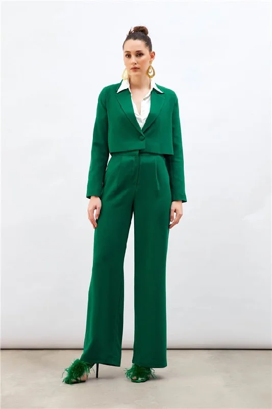 Pleated Crepe Trousers - Green Trousers Lace Delicate